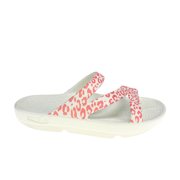 The SOVELLA Womens PF Slide Pink/Leopard features two pink leopard print straps, a textured sole, and open toe—delivering comfort recovery with arch support. Displayed on a white background.