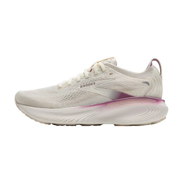 The Brooks Women's Adrenaline GTS 25 Coconut/Grey running shoe by BROOKS features a cream mesh upper, white laces, thick white sole, and pink-purple heel accents—ideal for support and comfort, even for plantar fasciitis.