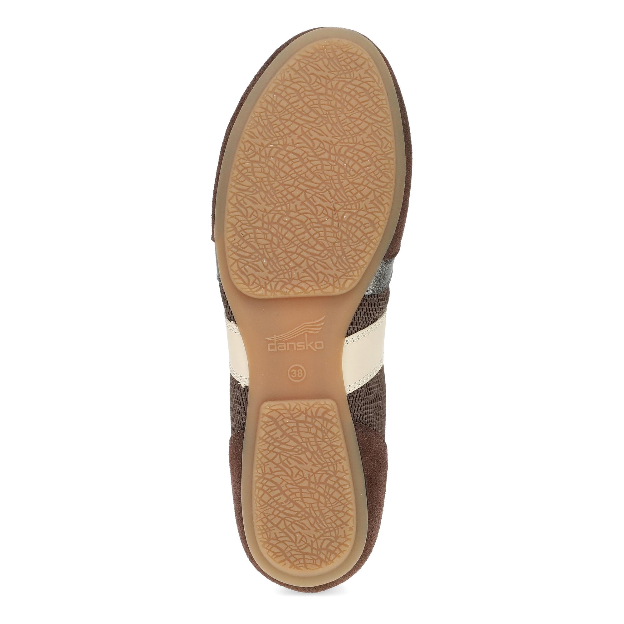 Outsole of the DANSKO Women's Milana Chocolate/Pewter Suede flat, flexible TR rubber tread.