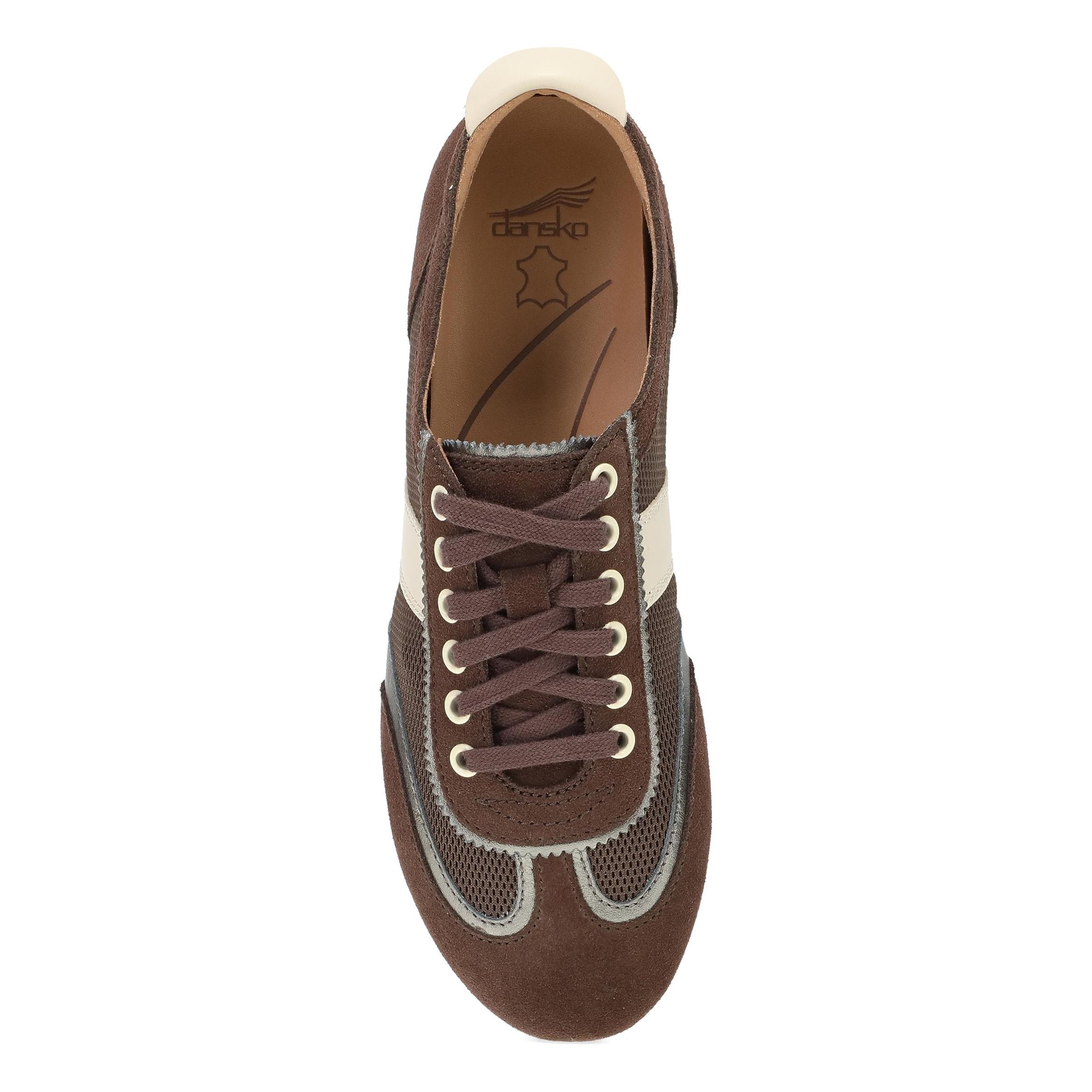 DANSKO Women's Milana Chocolate/Pewter Suede flat from above, Natural Arch removable footbed.