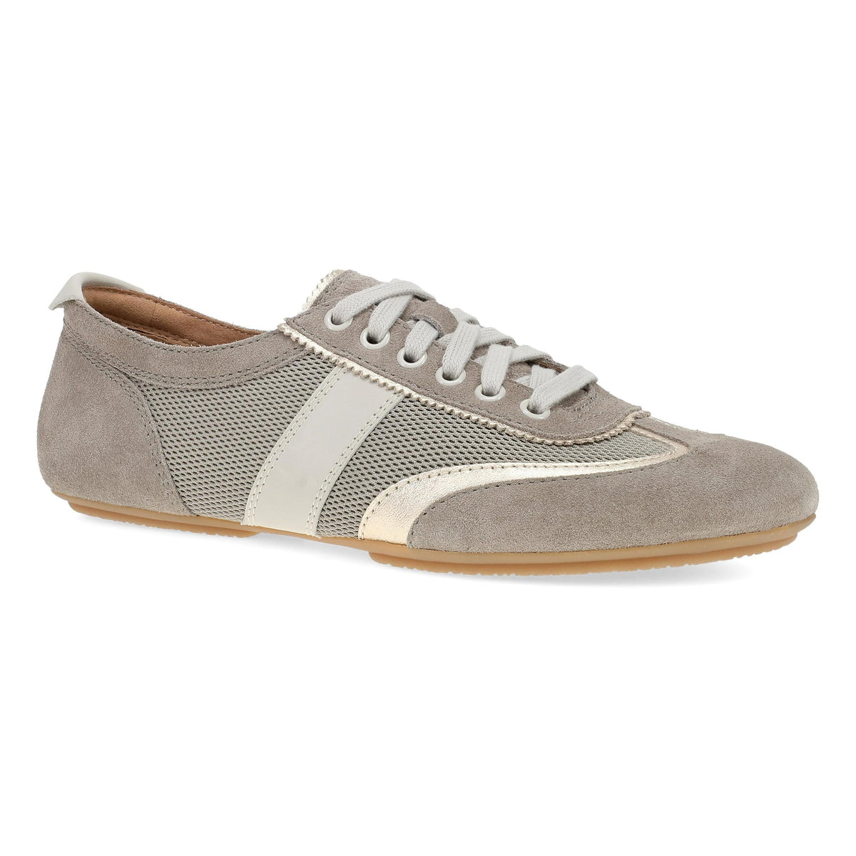 DANSKO Women's Milana Taupe/Gold Suede flat, soft taupe suede upper, angled side view.