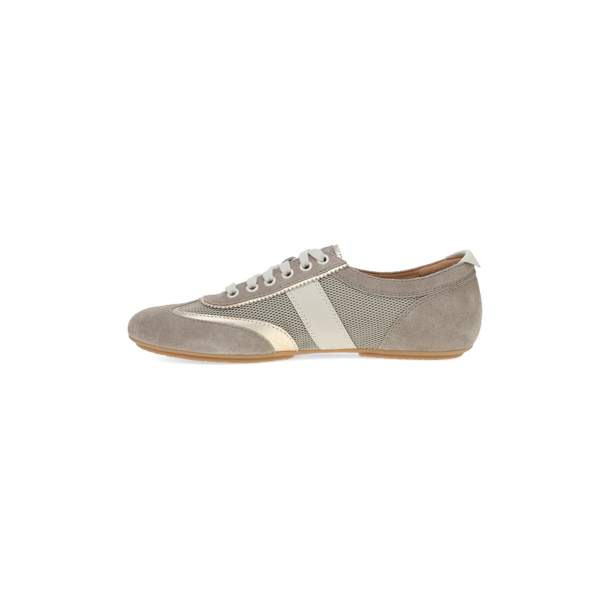 DANSKO Women's Milana Taupe/Gold Suede ballet flat, TR rubber sole, side profile view.