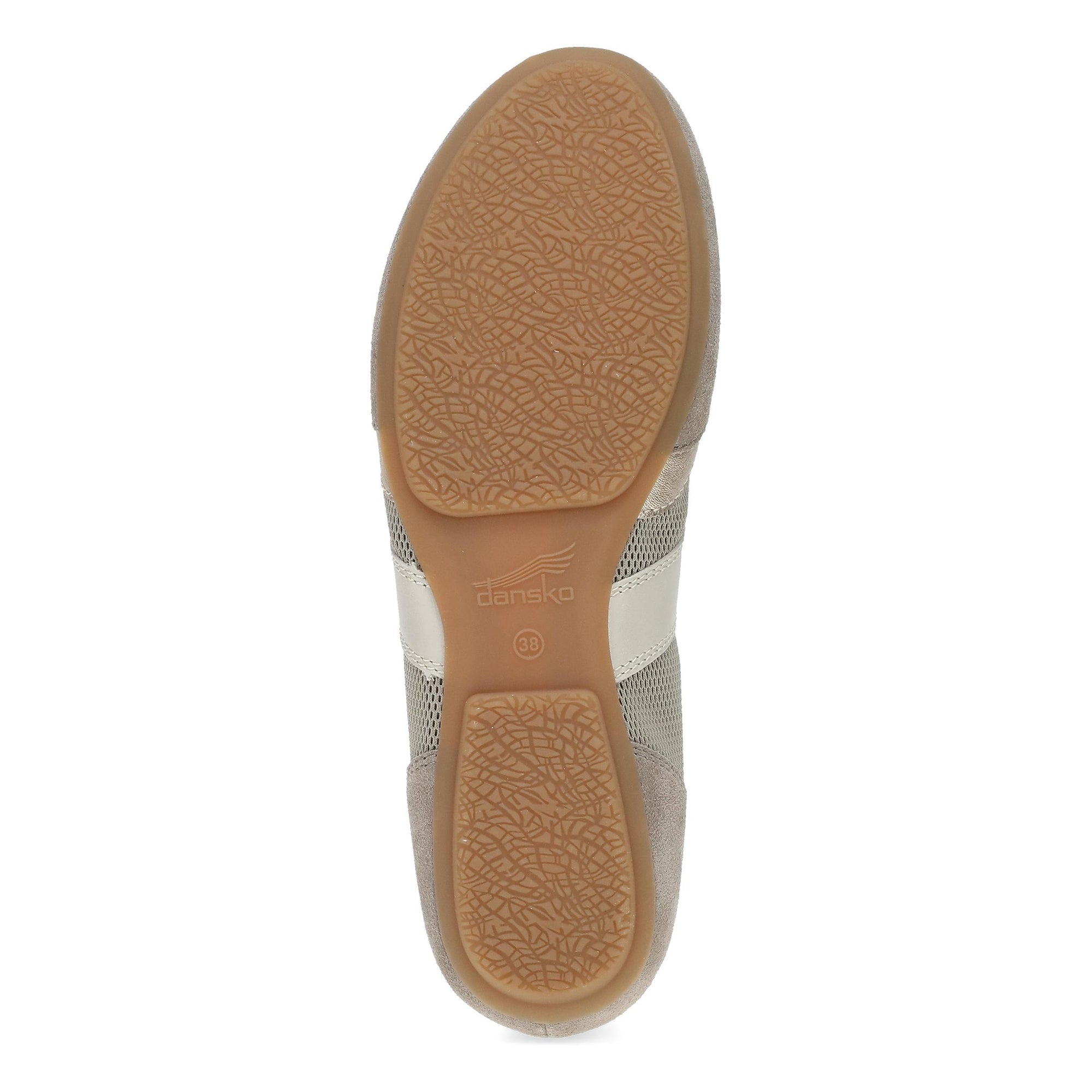 Outsole of the DANSKO Women's Milana Taupe/Gold Suede flat, flexible TR rubber tread.