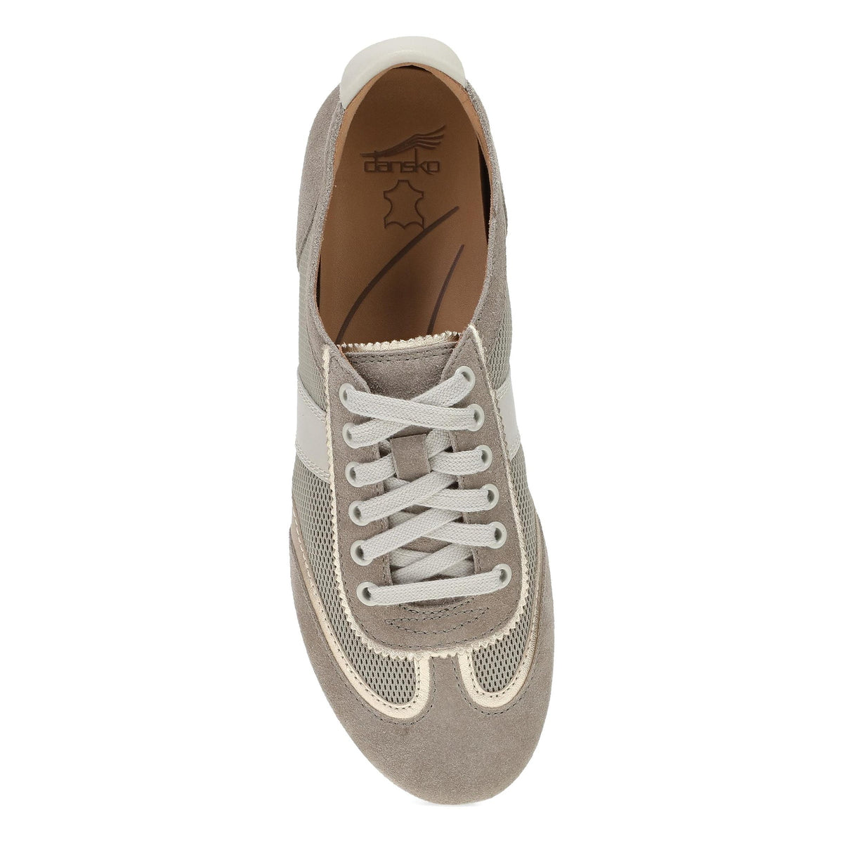 DANSKO Women's Milana Taupe/Gold Suede flat from above, Natural Arch removable footbed.