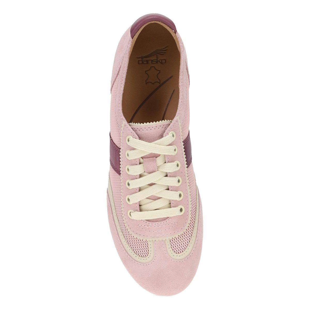 DANSKO Women's Milana Pink/Berry Leather flat from above, Natural Arch removable footbed.