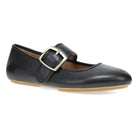 DANSKO Women's Matilda Mary Jane Black leather flat with bold buckle strap and low sole, angled hero view.