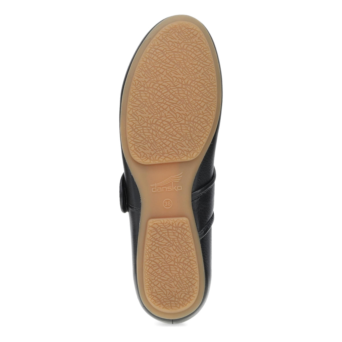 DANSKO Women's Matilda Mary Jane Black flat with flexible TR rubber outsole tread, bottom view.