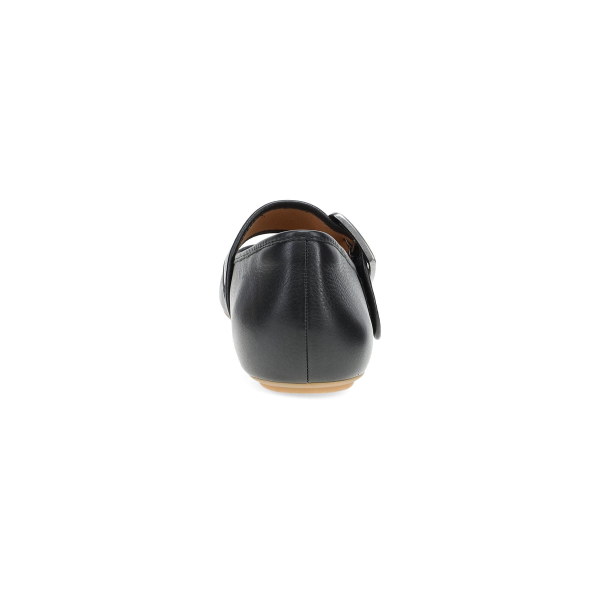 DANSKO Women's Matilda Mary Jane Black leather flat, padded heel collar and stitched counter, rear view.