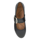 DANSKO Women's Matilda Mary Jane Black flat from above, leather footbed and buckle strap, top view.