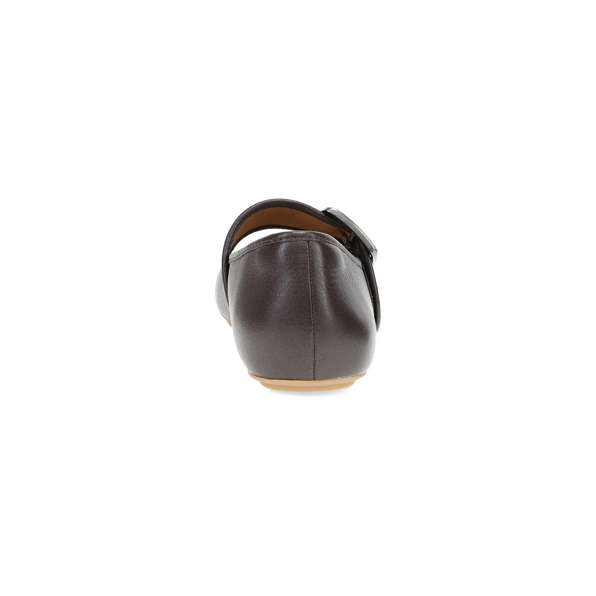 DANSKO Women's Matilda Mary Jane Chocolate leather flat, padded heel collar and stitched counter, rear view.
