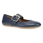 DANSKO Women's Matilda Mary Jane Navy leather flat with bold buckle strap and low sole, angled hero view.