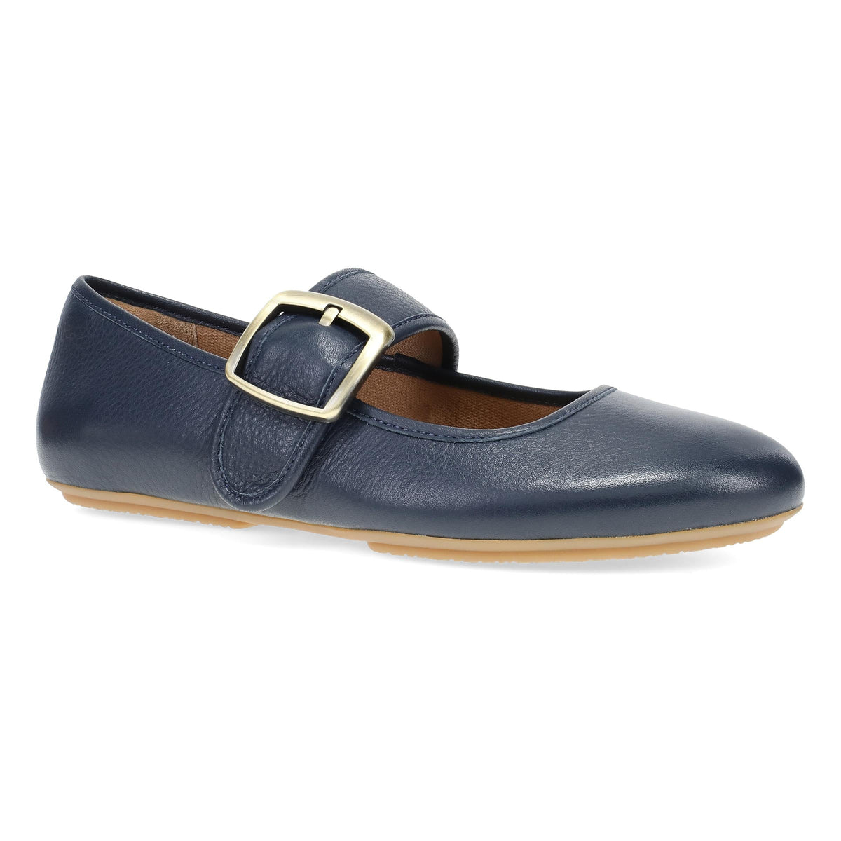 DANSKO Women's Matilda Mary Jane Navy leather flat with bold buckle strap and low sole, angled hero view.