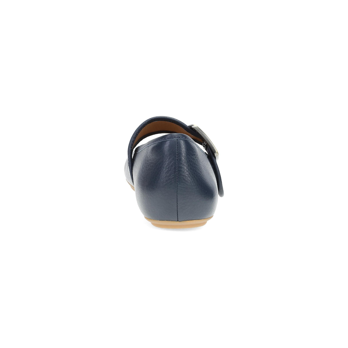 DANSKO Women's Matilda Mary Jane Navy leather flat, padded heel collar and stitched counter, rear view.