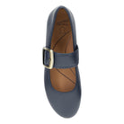 DANSKO Women's Matilda Mary Jane Navy flat from above, leather footbed and buckle strap, top view.