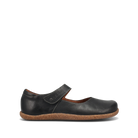 The TAOS Women's Ultimate Leather Mary Jane in black features arch support, a Velcro strap, and a textured brown sole, shown singly against a plain white background.
