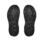 Two black rubber soles from HOKA Men's Arahi 8 Wide Black/Black shoes, side by side on a white background.