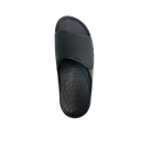 A top-down view of the Sovella Mens PF Velcro Slide Black sandal by SOVELLA, featuring arch support, a textured footbed, and a Wide velcro strap, displayed on a white background.