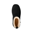 Top view of the UGG Women's Marais Zip Up Black boot by UGG, featuring black suede, a rounded toe, and visible light tan sheepskin lining inside, set against a white background.