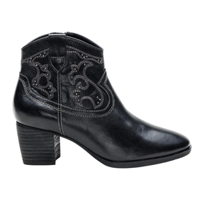 The Aetrex Women's Reagan Heel Boot Black by AETREX WORLDWide INC features black leather, a chunky heel, pointed toe, decorative stitching and studs, Western-inspired style, and signature arch support for all-day comfort.