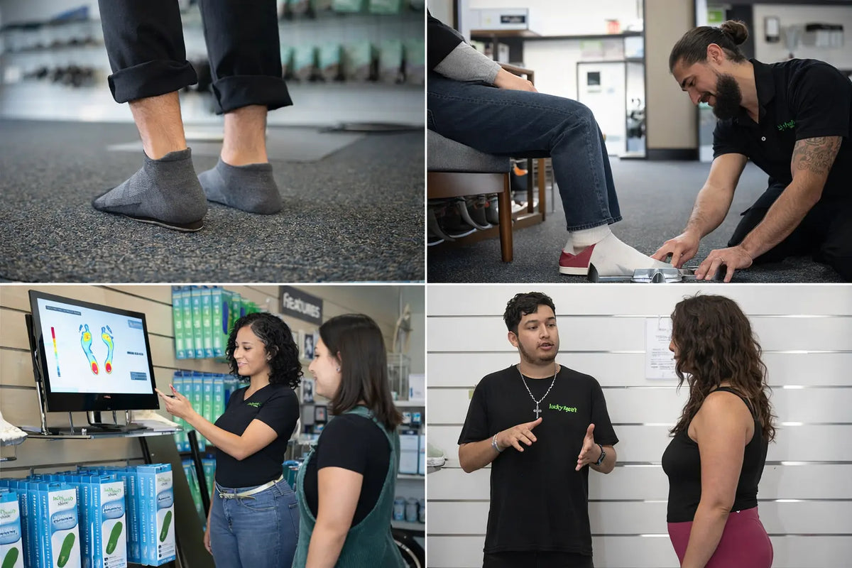 Four scenes: foot analysis, measurement, foot scan on monitor, and staff discussing with customer in a shoe store.