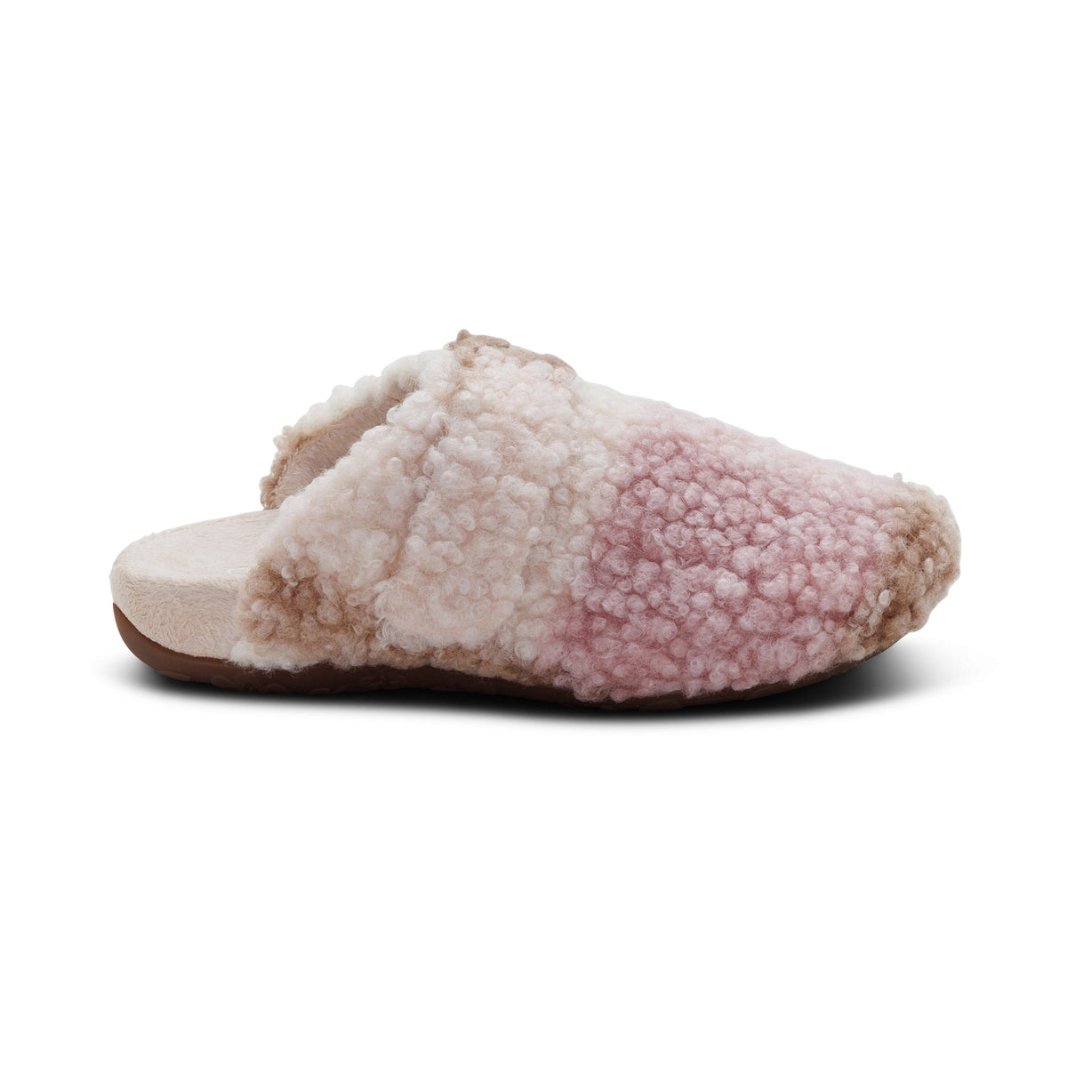 AETREX Women's Mia Pink Plaid slipper, plush plaid fabric upper with hook-and-loop strap, side profile view.