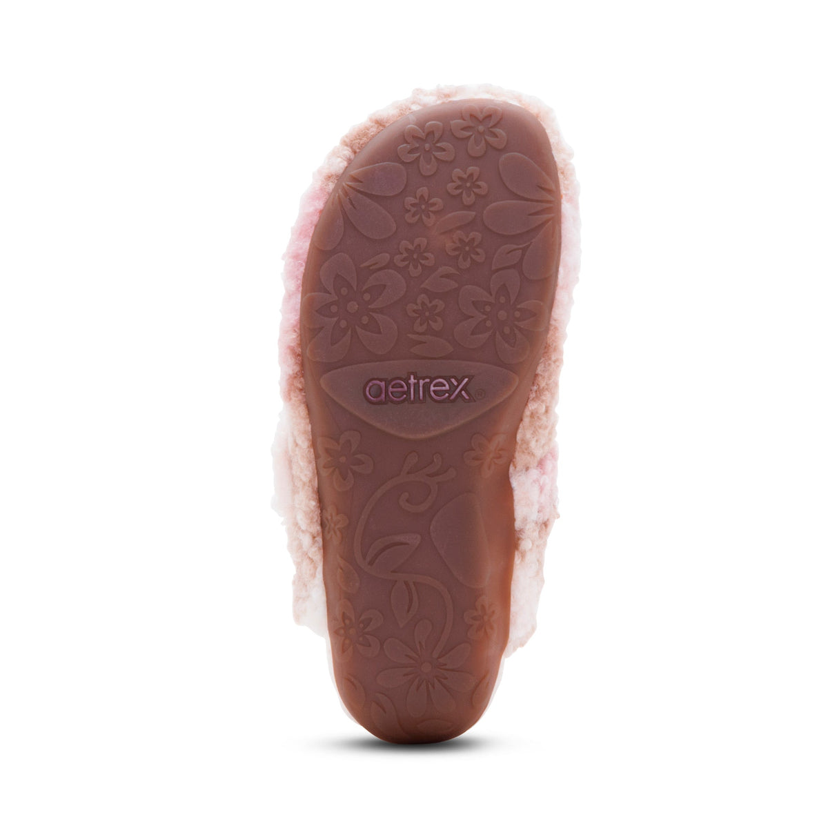Outsole view of the AETREX Women's Mia Pink Plaid slipper, durable rubber tread for indoor and outdoor grip.