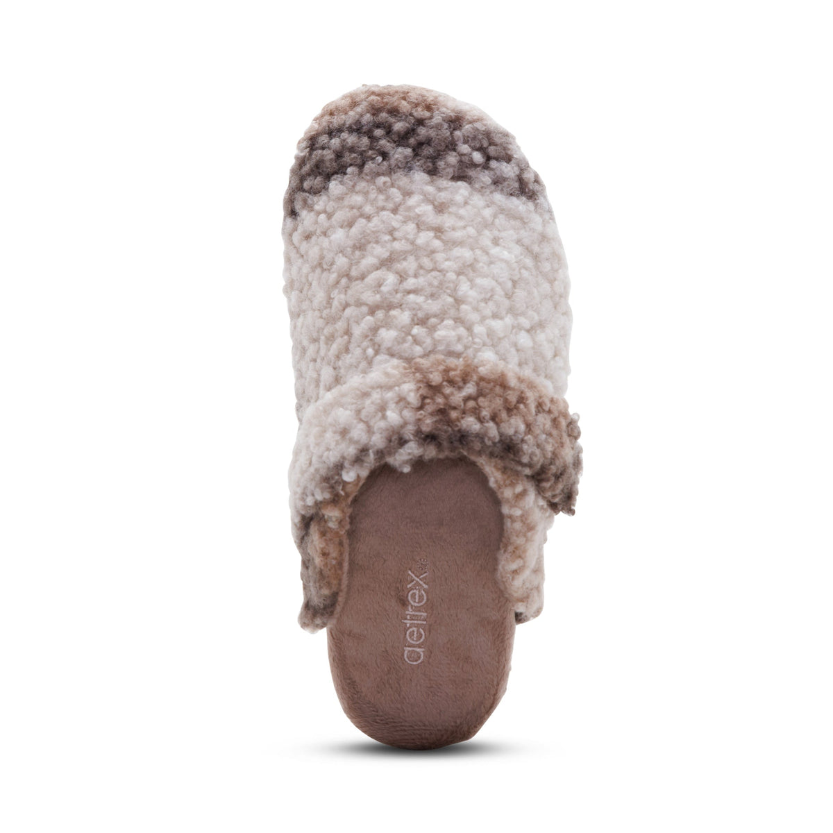 Top view of the AETREX Women's Mia Tan Plaid slipper showing the memory foam footbed and arch support.