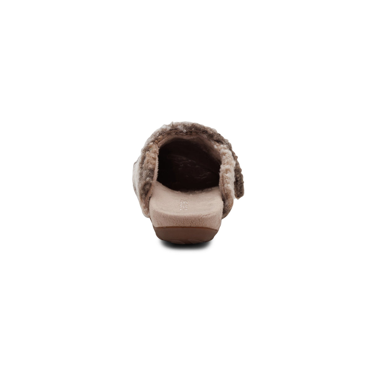 Rear view of the AETREX Women's Mia Tan Plaid slipper with a cushioned heel and soft plush lining.