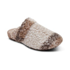 A pair of AETREX Women's Mia Tan Plaid slippers with adjustable straps, plush upper and cushioned arch support.