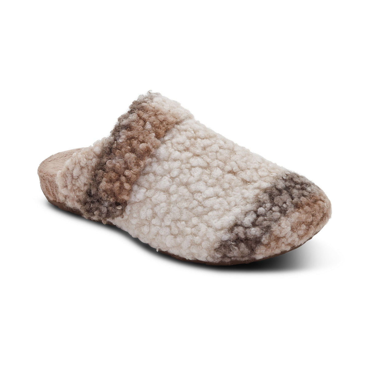 A pair of AETREX Women's Mia Tan Plaid slippers with adjustable straps, plush upper and cushioned arch support.