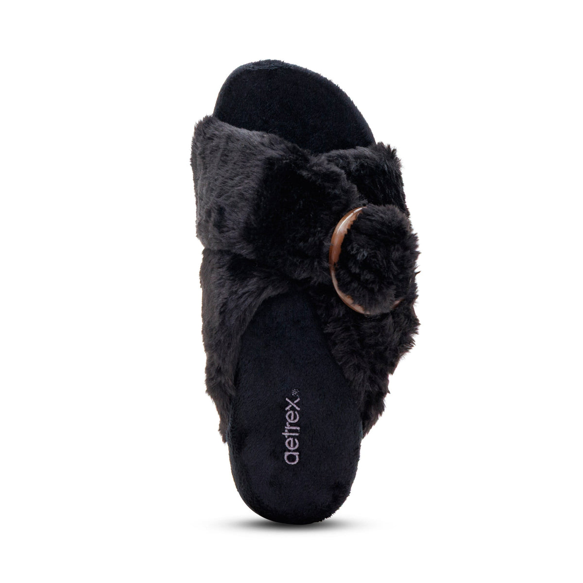 Top view of the AETREX Women's Macy Black open-toe slipper showing the memory foam footbed and arch support.