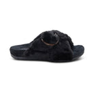 AETREX Women's Macy Black open-toe slipper, plush black upper with hook-and-loop strap, side profile view.