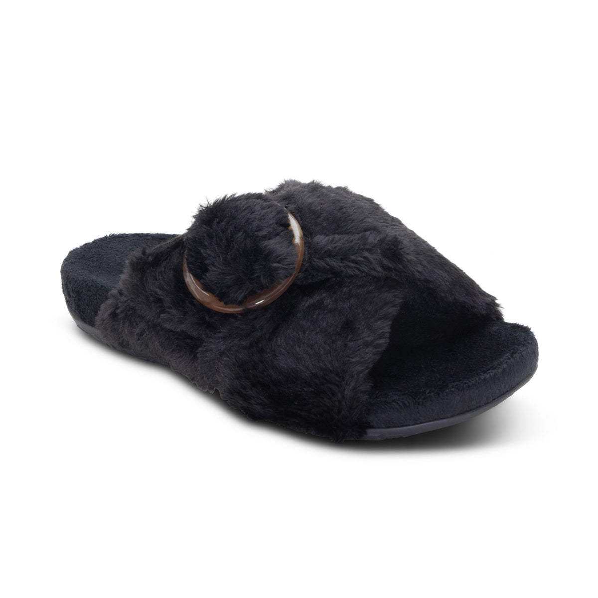A pair of AETREX Women's Macy Black open-toe slippers with adjustable straps and cushioned arch support.