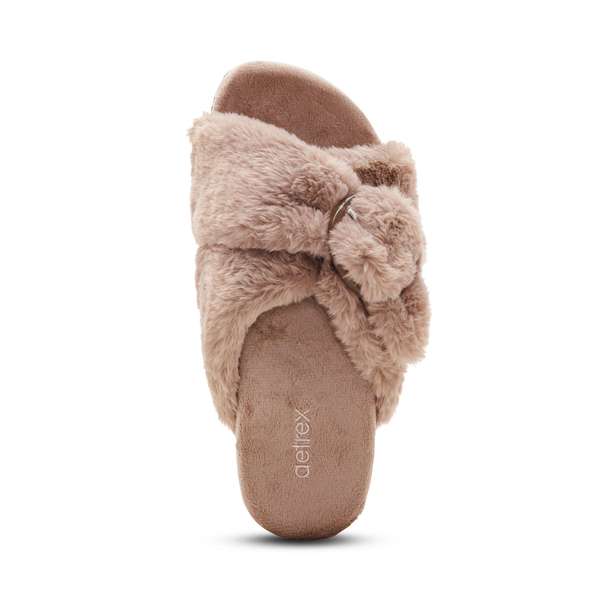 Top view of the AETREX Women's Macy Mushroom open-toe slipper showing the memory foam footbed and arch support.