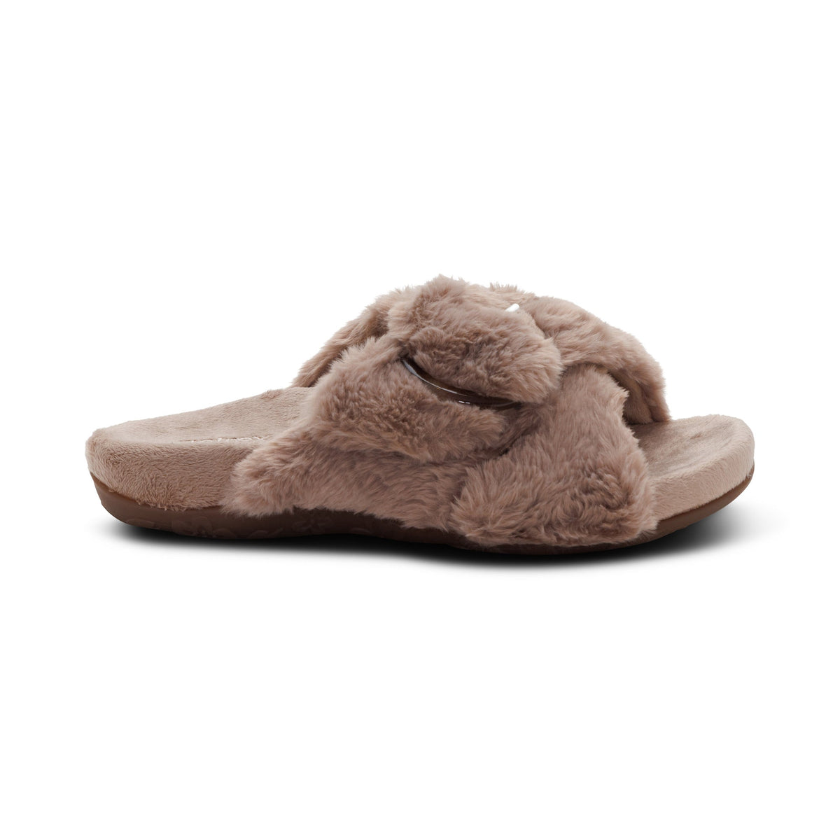 AETREX Women's Macy Mushroom open-toe slipper, plush taupe upper with hook-and-loop strap, side profile view.