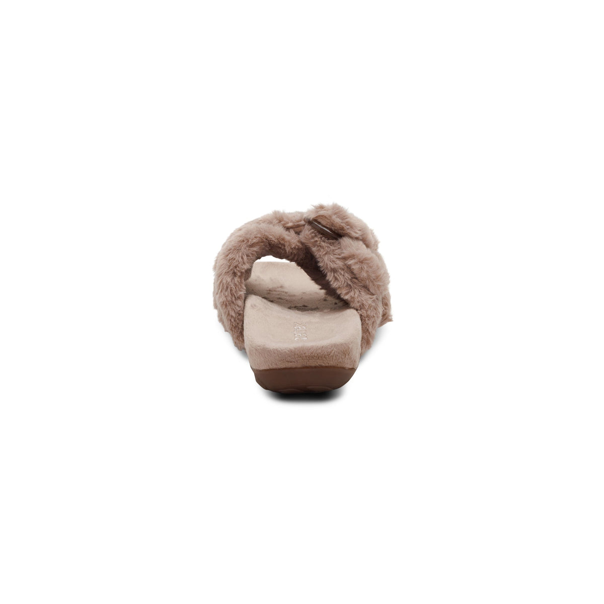 Rear view of the AETREX Women's Macy Mushroom open-toe slipper with a cushioned heel and soft plush lining.