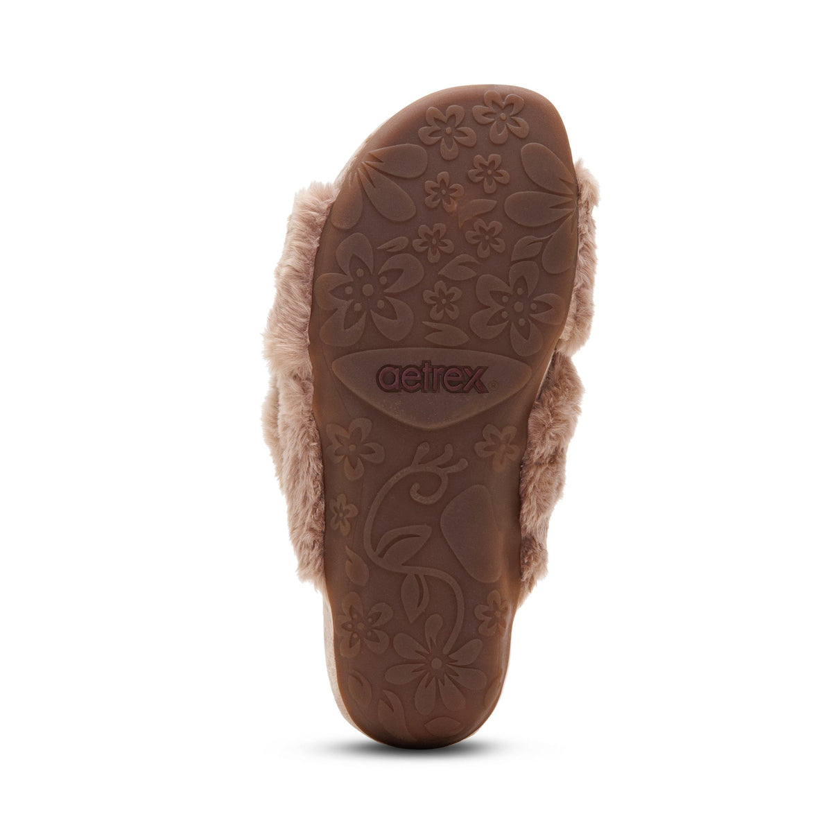 Outsole view of the AETREX Women's Macy Mushroom slipper, durable rubber tread for indoor and outdoor grip.
