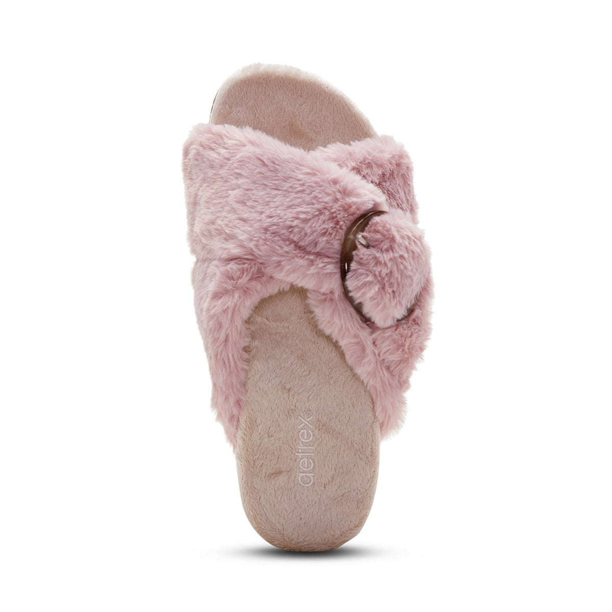 Top view of the AETREX Women's Macy Pink open-toe slipper showing the memory foam footbed and arch support.