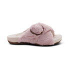 AETREX Women's Macy Pink open-toe slipper, plush pink upper with hook-and-loop strap, side profile view.