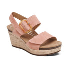 The Aetrex Women's Ashley Espadrille Wedge Rose by Aetrex features two wide straps, a bold ankle buckle, cork sole, and jute-wrapped platform heel—offering stylish arch support and all-day comfort.