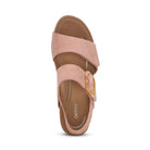 Top view of the Aetrex Women's Ashley Espadrille Wedge Rose by AETREX WORLDWide INC, featuring a pink wide strap with buckle and cushioned brown footbed. Ideal for stylish plantar fasciitis support.
