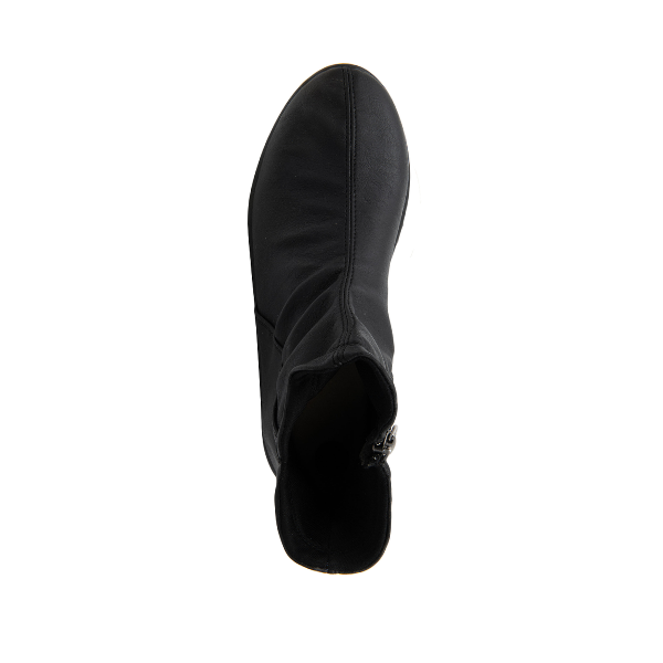 Top view of the ARCOPEDICO Arcopedico Paluma Black ankle boot with Twin Arch Support and a side zipper, shown on a white background—perfect for stylish, comfortable travel.
