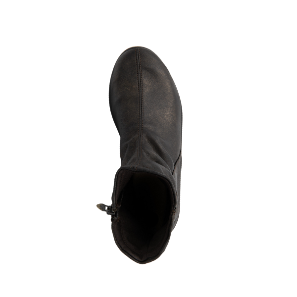 An ARCOPEDICO Arcopedico Womens Paluma Bronze leather ankle boot in dark brown is shown from above, highlighting its slightly rounded toe and visible side zipper, set against a white background.