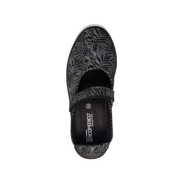 Top view of the Arcopedico Womens Estrela Black Palm Mary Jane shoe in black with a sparkly textured pattern and strap. Features Twin Arch Support and an insole branded with ARCOPEDICO Comfort Plus in white text.