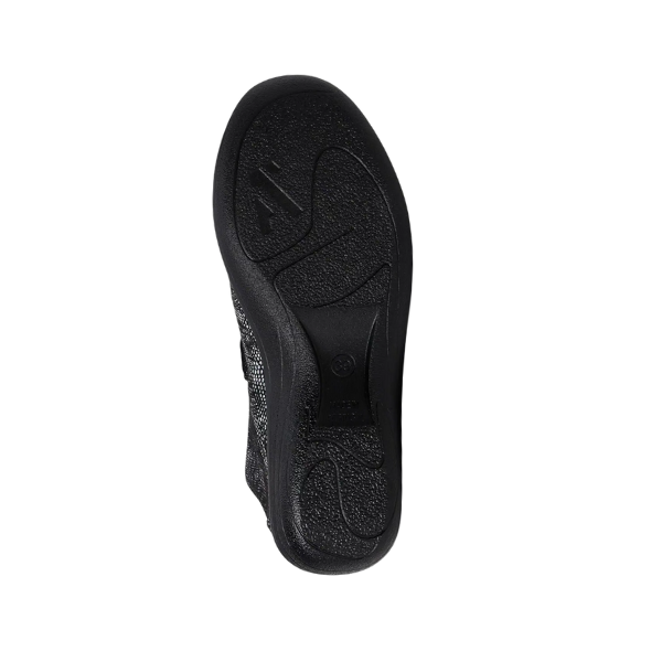 The image shows the black textured rubber sole of the Arcopedico Womens Estrela Black Palm shoe by ARCOPEDICO, photographed from the bottom against a plain white background.