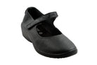 The ARCOPEDICO Womens Thy Black shoe features a rounded toe, low wedge heel, arch support, and a hook-and-loop instep strap, shown as a single black Mary Jane on a white background.