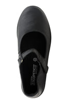 A top view of the Arcopedico Womens Thy Black Mary Jane shoe features a rounded toe and T-strap. The insole shows the ARCOPEDICO logo and size 38, highlighting these classic shoes renowned arch support.