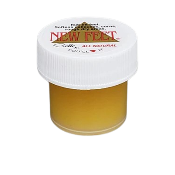 Jar of 'New Feet' foot cream with a white lid on a white background