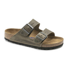 A single Birkenstock Mens Arizona Soft Footbed Oiled Leather sandal in Faded Khaki, featuring two buckle straps, a cork footbed, and a black rubber sole by BIRKENSTOCK is shown against a white background.