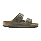 A single BIRKENSTOCK Mens Arizona Soft Footbed sandal in oiled leather faded khaki, featuring two adjustable buckles, cork footbed, and black sole, shown in side profile on a white background.